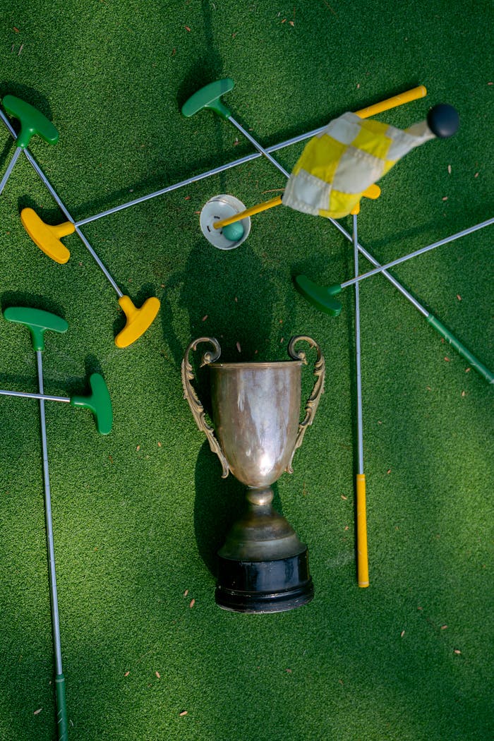 services-02 Top view of a mini golf trophy surrounded by colorful putters and flag on a vibrant green surface.